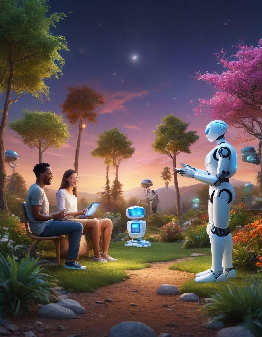 A serene landscape showcasing a diverse group of people engaging with advanced technology, such as holograms, robots, and smart devices, all smiling with expressions of joy and satisfaction. Include elements like vibrant nature, creatively designed tech tools, and soft, warm lighting that evokes a sense of happiness and innovation. Illustrate a sense of community and connection among individuals. super-realistic. vibrant colors. light background.