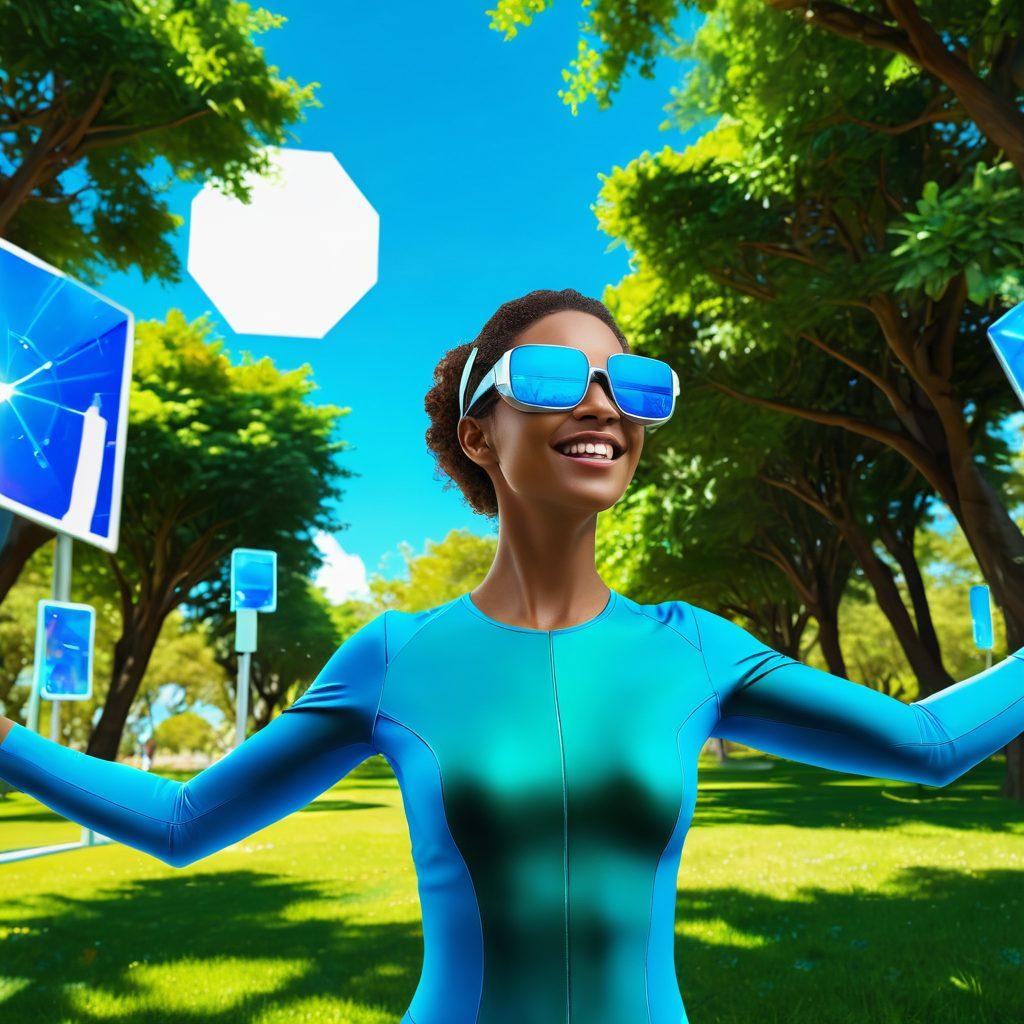 A serene individual joyfully engaging with futuristic technology in a lush green park, surrounded by vibrant holographic interfaces and digital nature elements, symbolizing the fusion of innovation and happiness. Incorporate bright colors to evoke positivity and a sense of empowerment. A picturesque blue sky completes the uplifting atmosphere. super-realistic. vibrant colors. 3D.