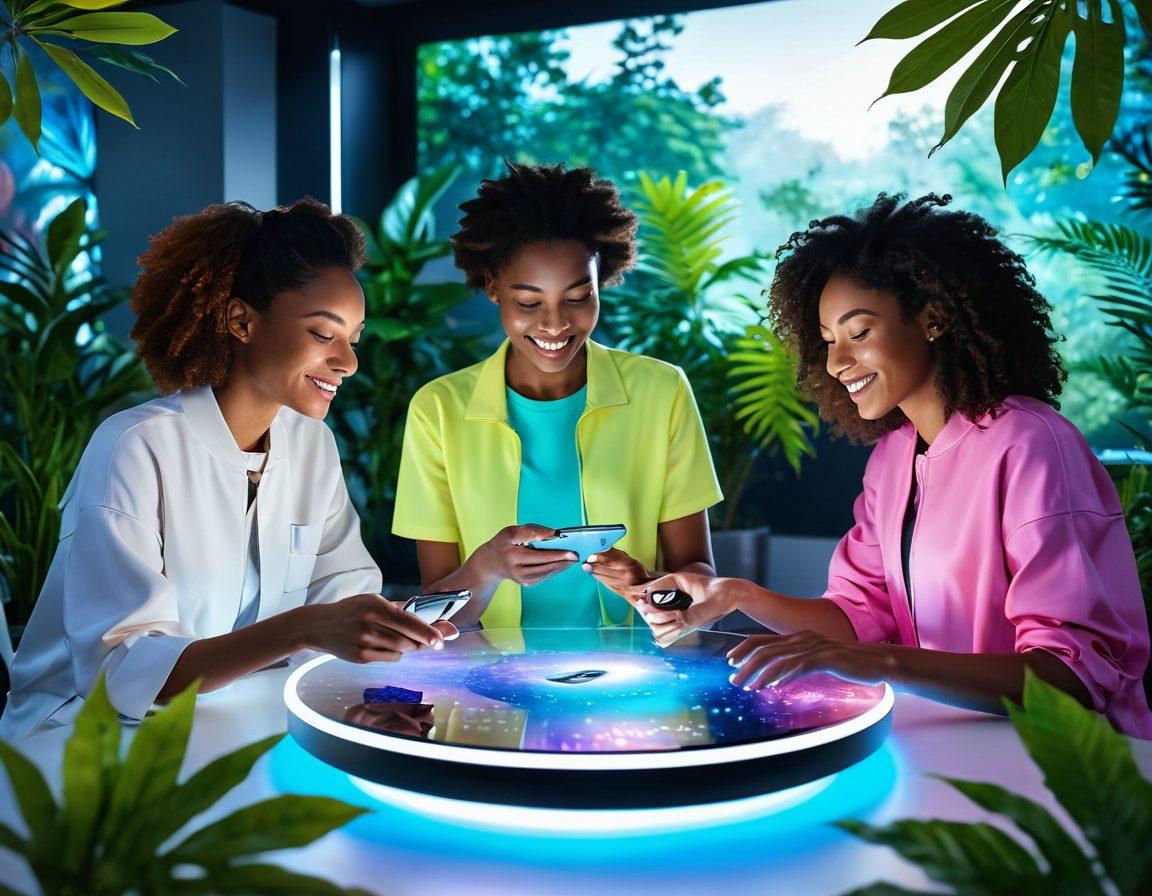 Create an inspiring scene featuring a diverse group of people joyfully using futuristic gadgets in a bright, serene environment. Include elements like wearable tech, holographic displays, and smart devices that enhance their experiences. The backdrop should showcase nature merging with technology, symbolizing harmony and happiness. Use vibrant colors to evoke a sense of joy and positivity. super-realistic. vibrant colors.